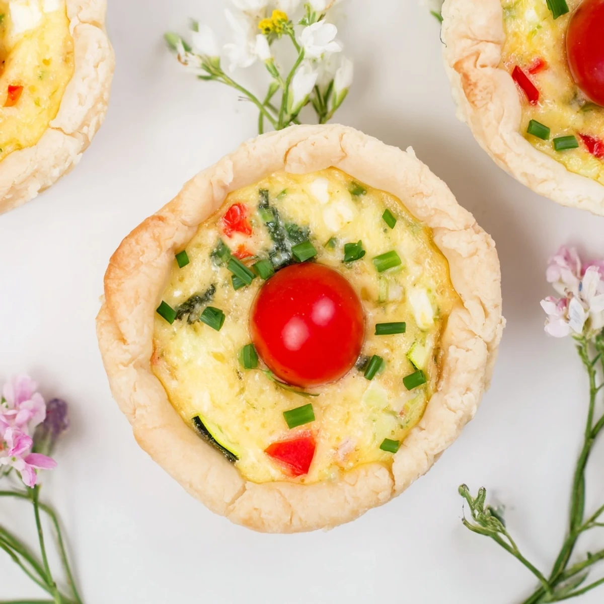 Golden brown Couronne Florale Mini Quiches, showcasing vibrant vegetables and a creamy cheese filling.