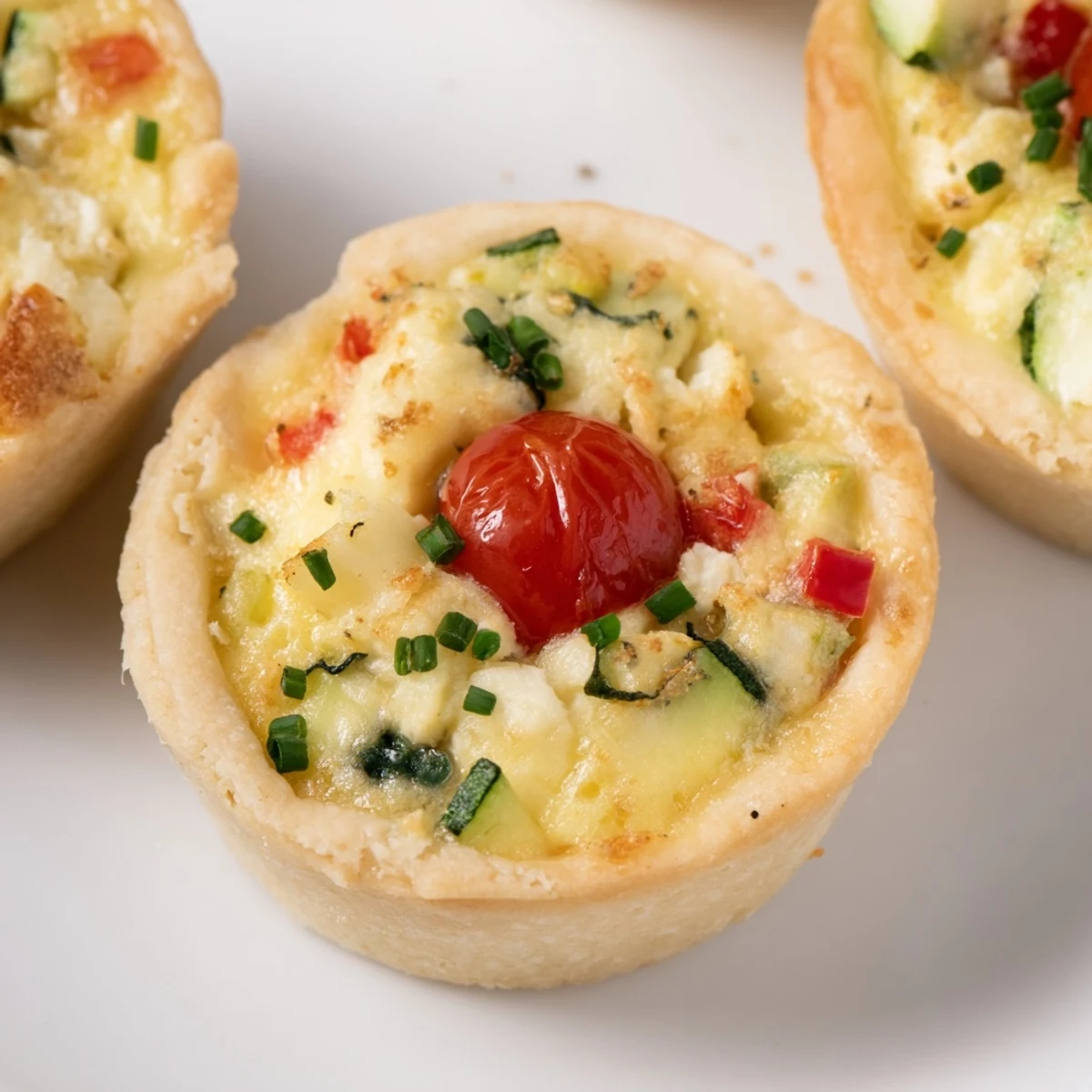 A close-up of beautifully arranged Couronne Florale Mini Quiches, garnished with fresh herbs and edible flowers.