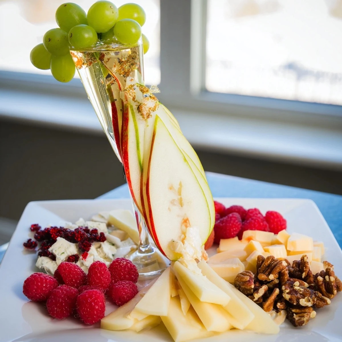 A glamorous Champagne Waterfall Board, spilling grapes, cheeses, and fruits for a party appetizer.