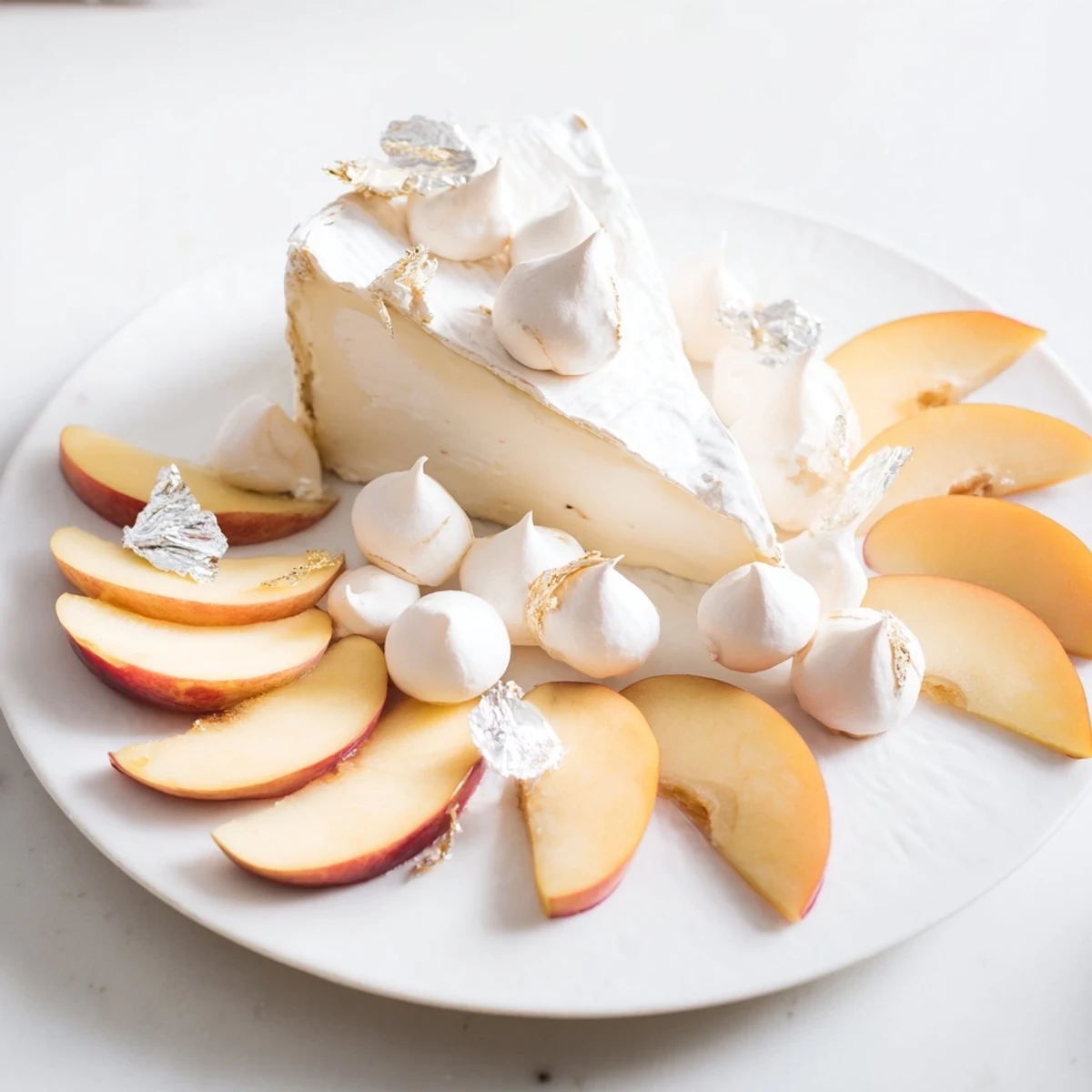 A stunning The Pearly Gates cheese board with creamy brie, sweet peaches, and shimmering edible silver.