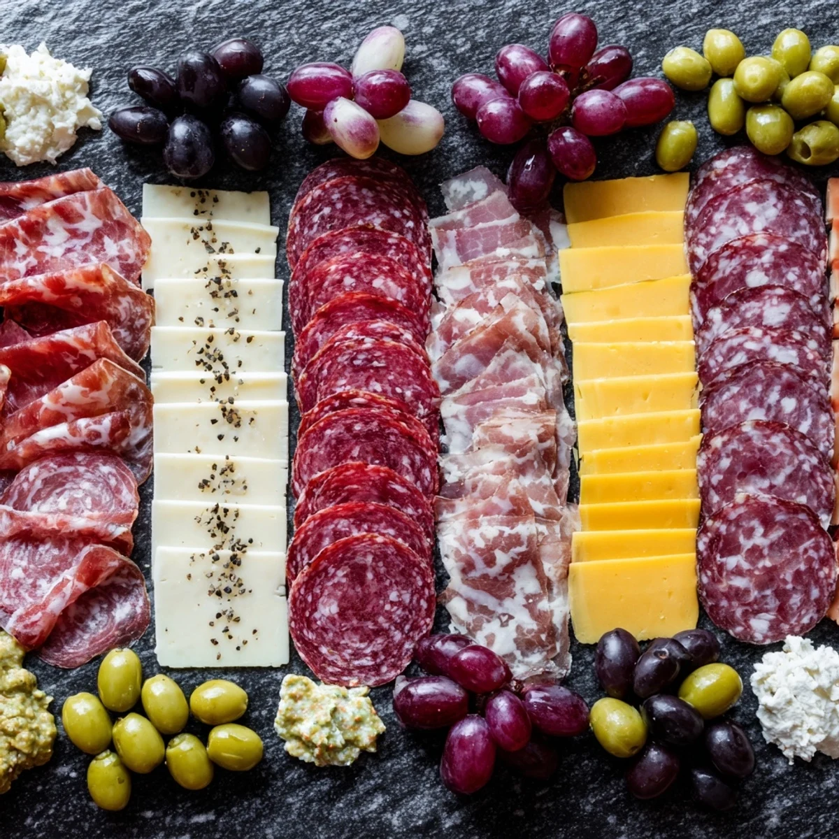 Industrial Slate appetizer platter with sliced meats, sharp cheeses, and fresh grapes, ready to serve.