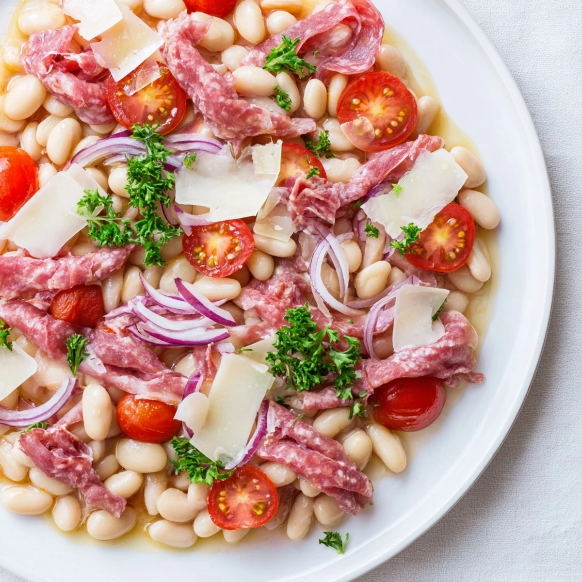 Italian Antipasto Bean Salad, brimming with colorful veggies, salami, and provolone, ready to serve.