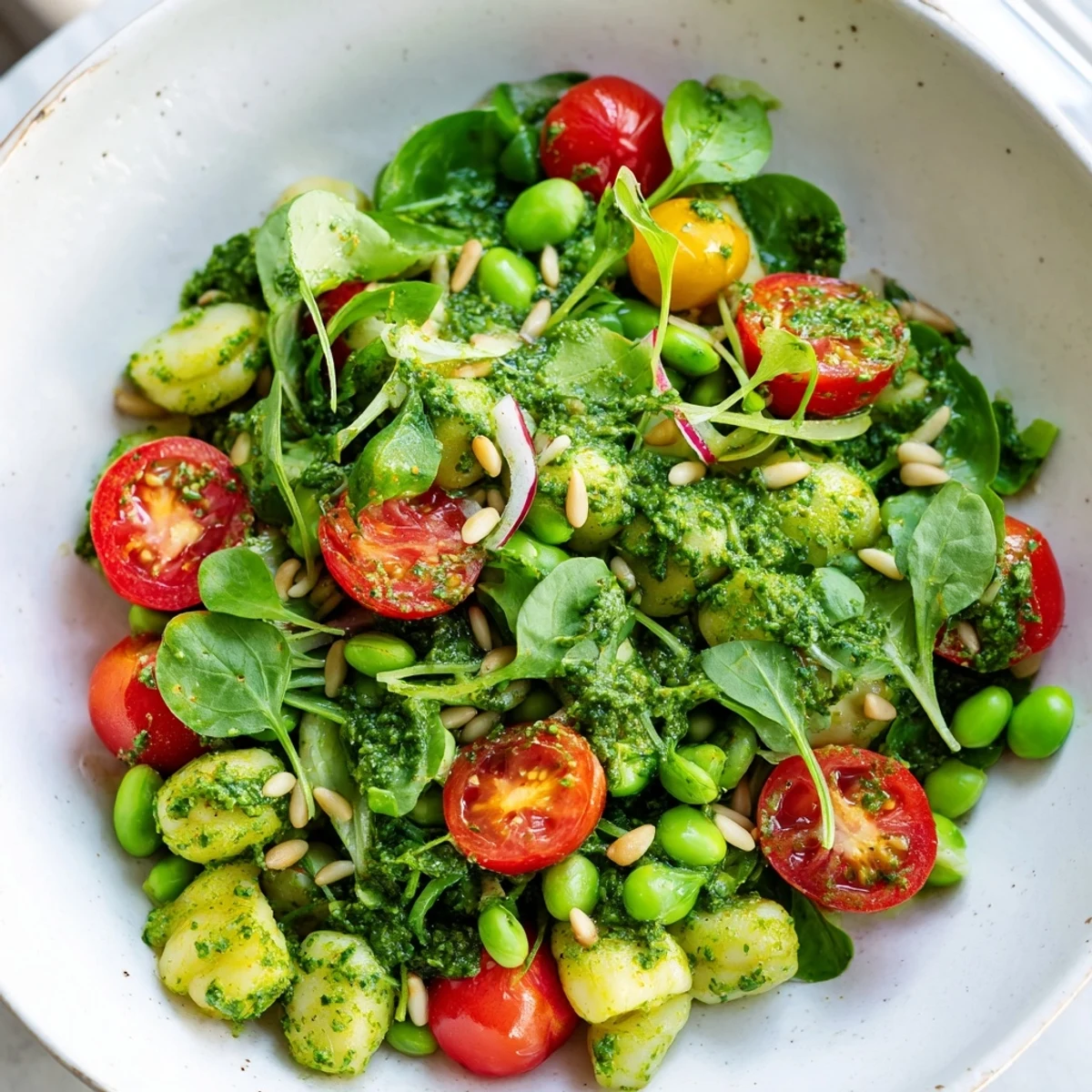 A refreshing Pesto Chickpea and Spinach Salad featuring vibrant greens and juicy tomatoes.