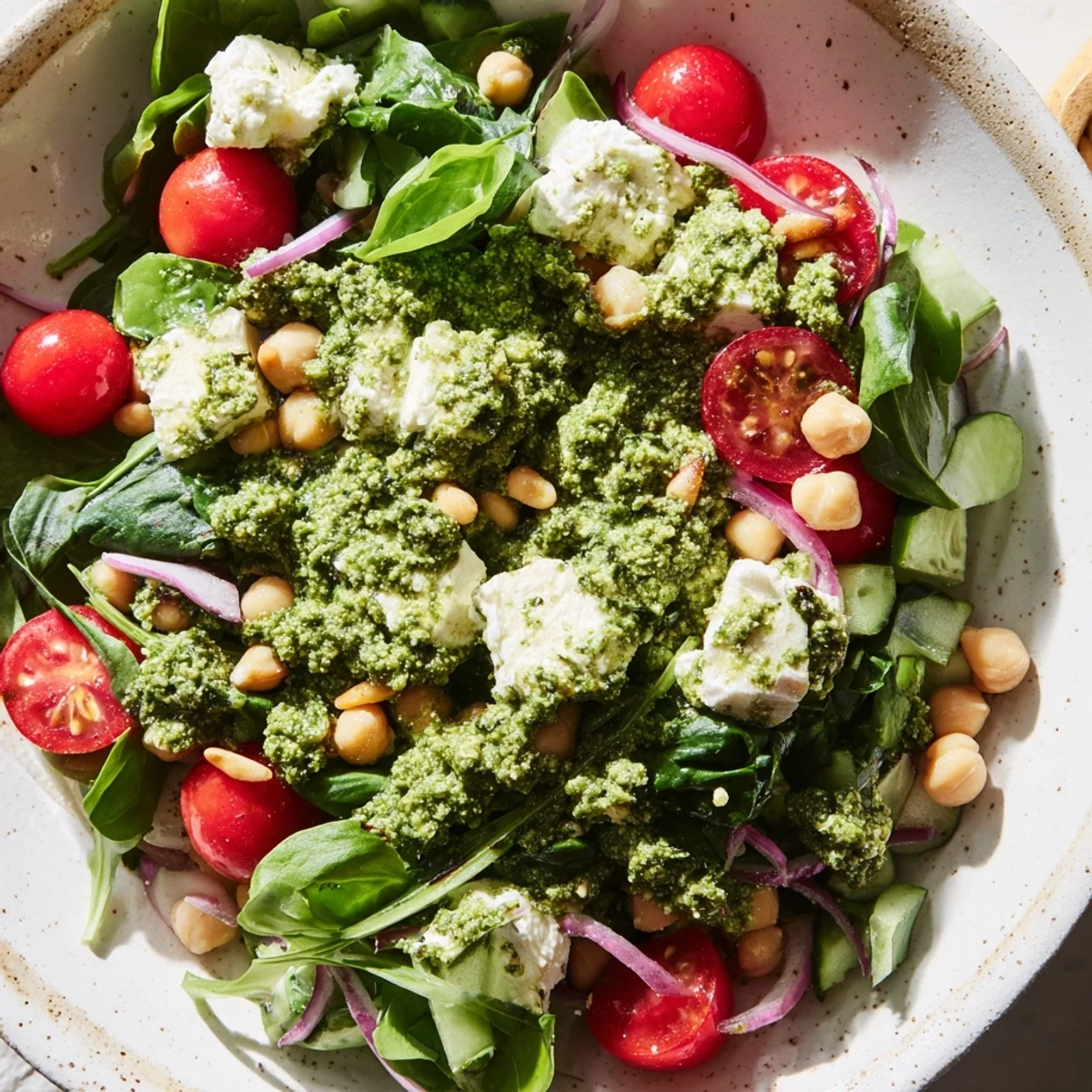 Creamy chickpeas blend in this bright Pesto Chickpea and Spinach Salad with a flavorful pesto.