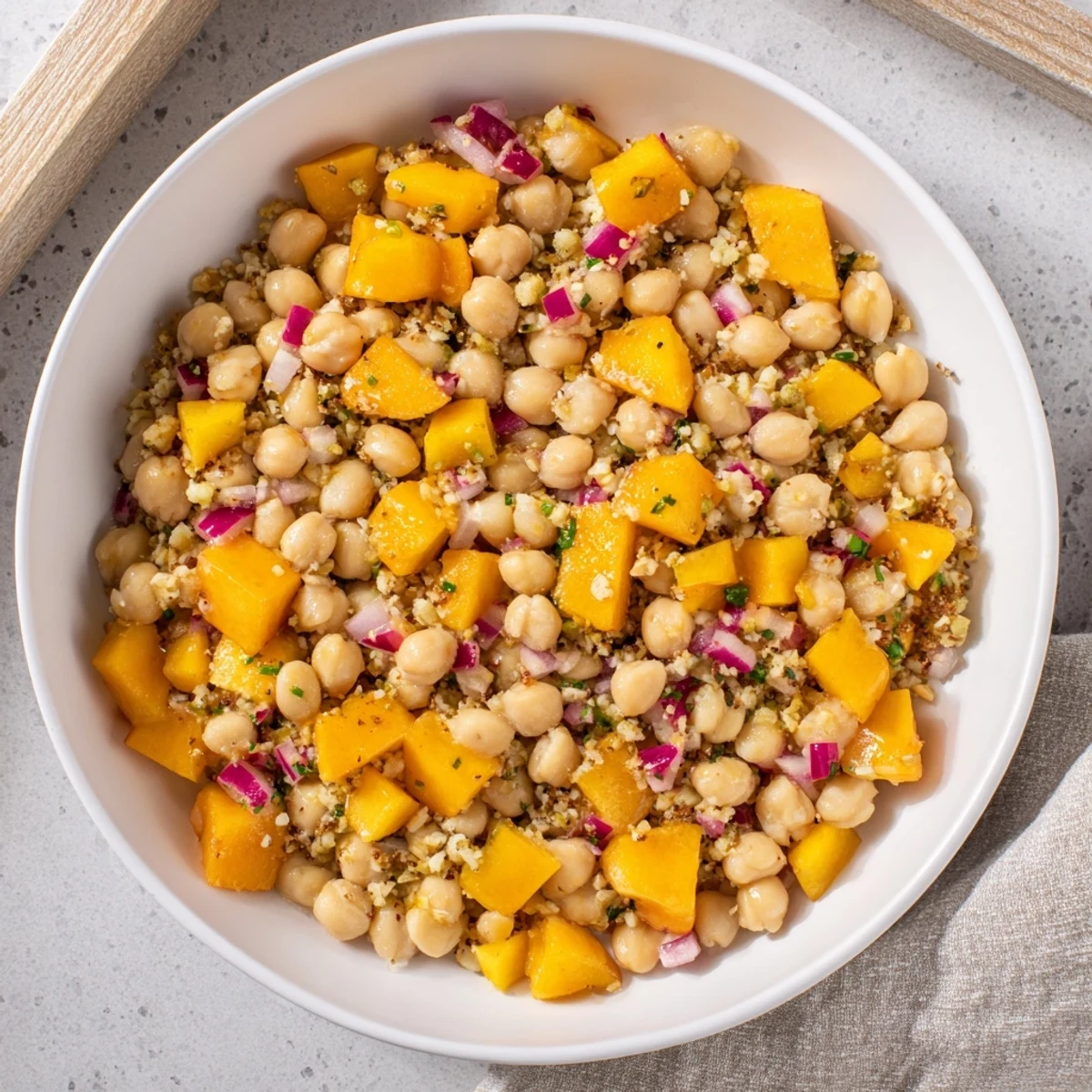 Fall Harvest Apple Chickpea Salad: A colorful bowl with a mix of apples, chickpeas, and walnuts glistening with dressing.