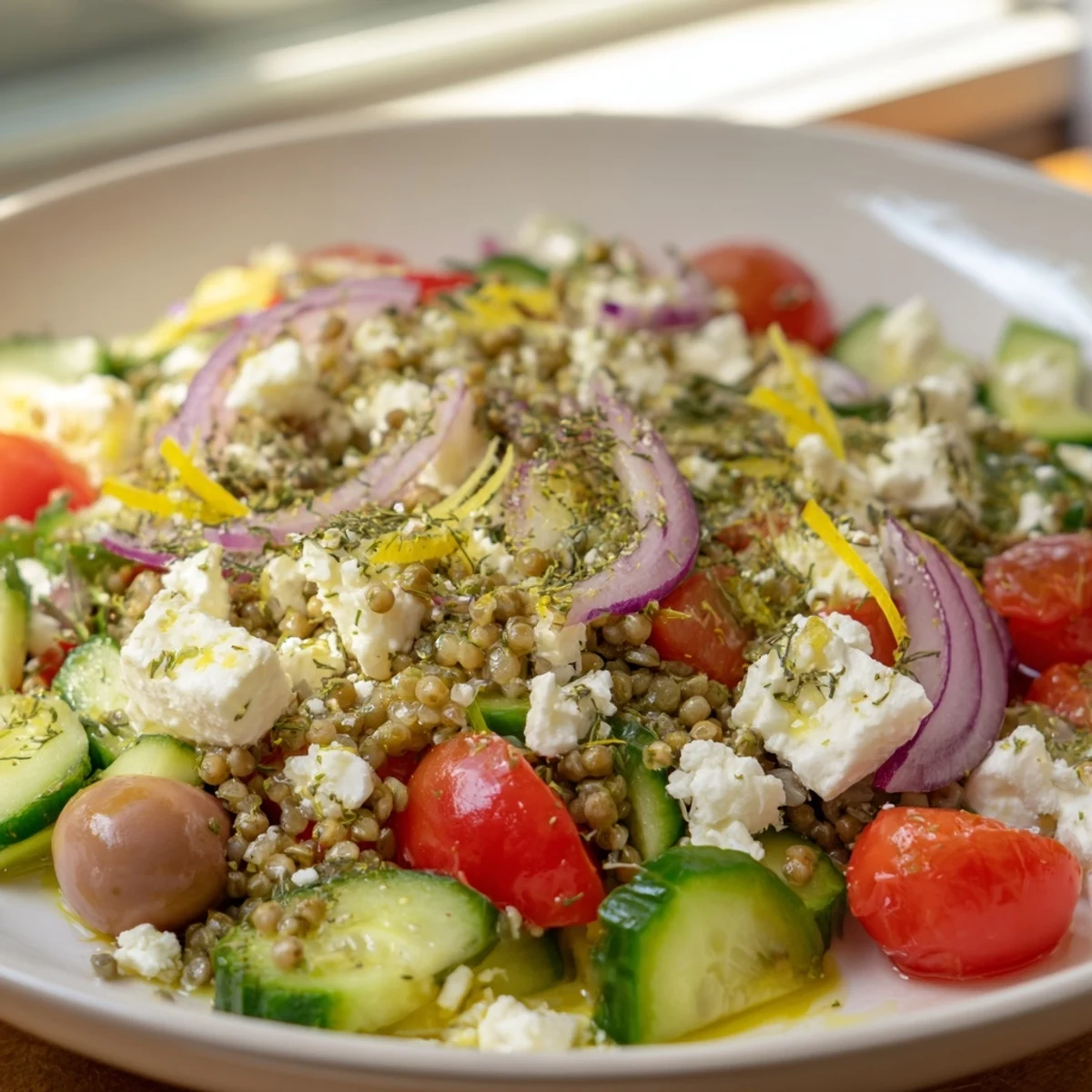 A bowlful of delicious Greek Lemon-Orzo Bean Salad featuring tender pasta and creamy chickpeas, ready to eat.