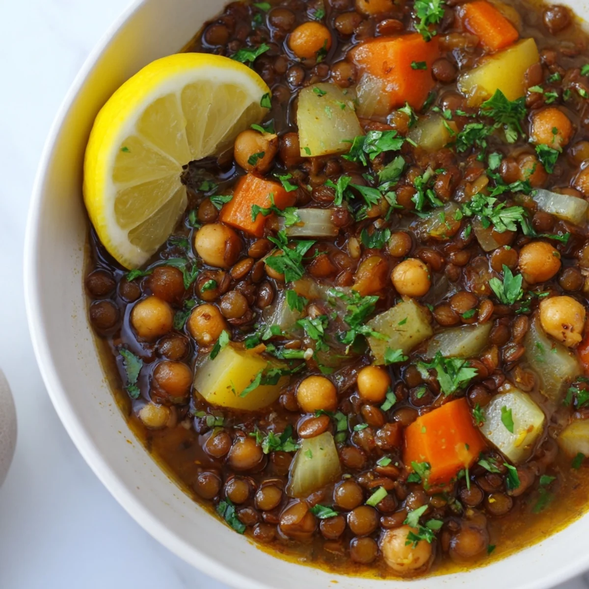 Steaming bowl of Middle Eastern lentil and chickpea stew, garnished with fresh parsley and lemon wedges.
