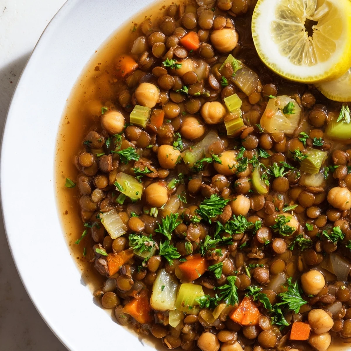 Close-up of a flavorful Middle Eastern lentil and chickpea stew, ready to be served and enjoyed.