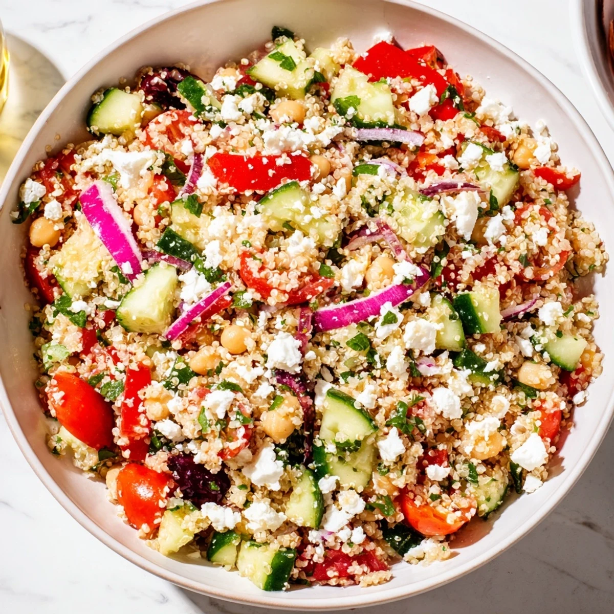 Fresh herbs and vibrant veggies star in this healthy Mediterranean Chickpea and Feta Bowl.