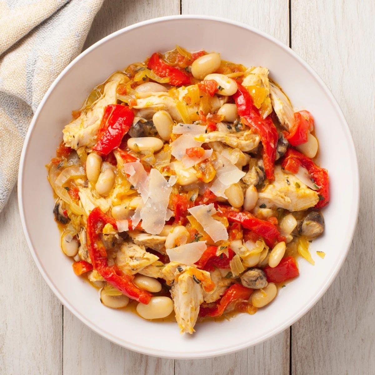 Tender chunks of chicken and vibrant red peppers highlight this delicious White Bean and Roasted Red Pepper Chicken.