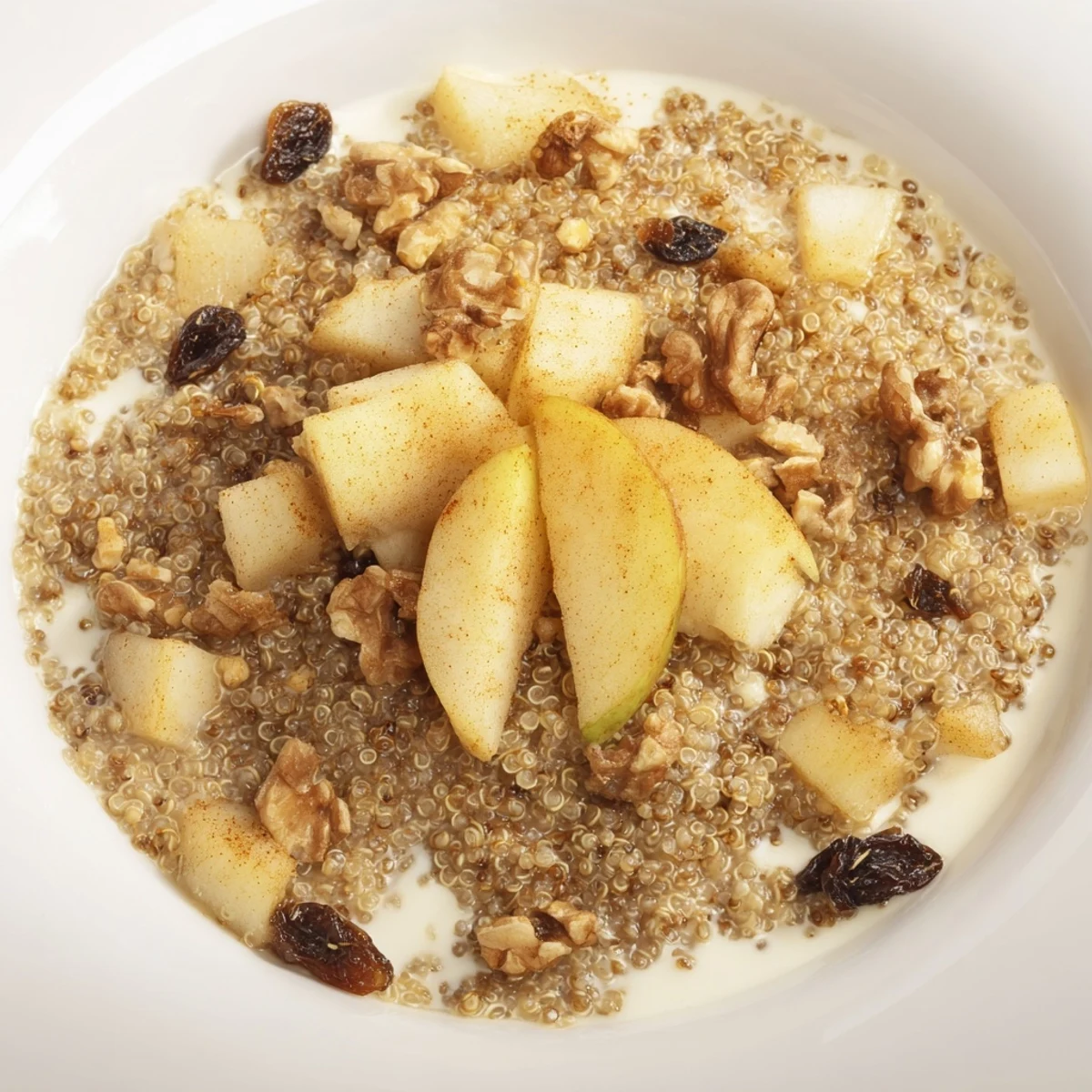 Steaming Apple Cinnamon Quinoa Bowl, full of diced apples and walnuts, perfect breakfast recipe.
