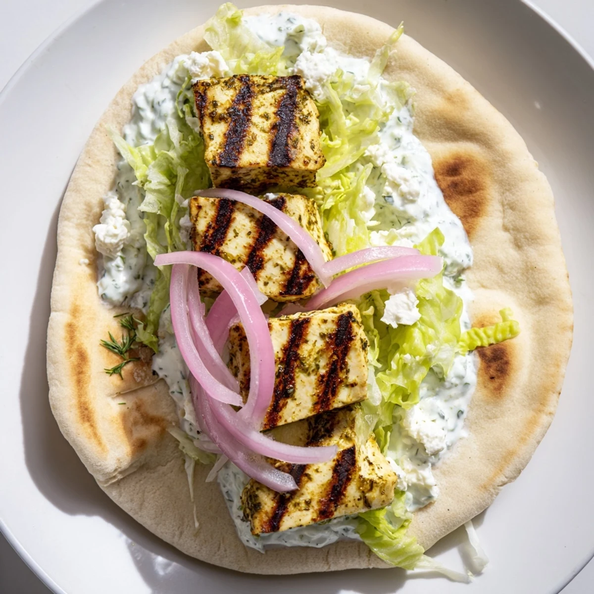 Close-up of a plated Greek Chicken Souvlaki Wrap showing the tender, grilled chicken and creamy tzatziki filling the pita.