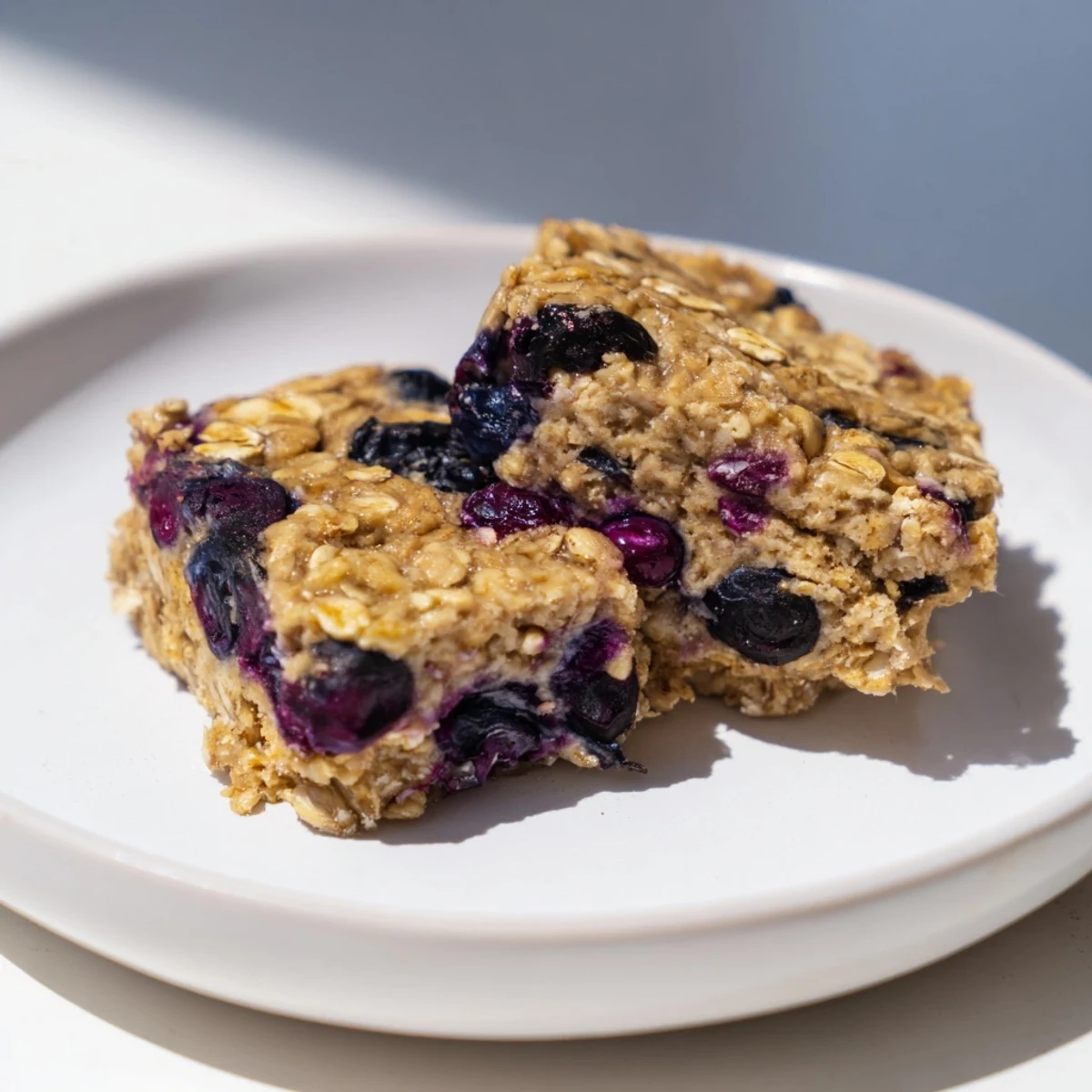 A close-up of delicious Blueberry Banana Oatmeal Protein Bars, a healthy grab-and-go option.