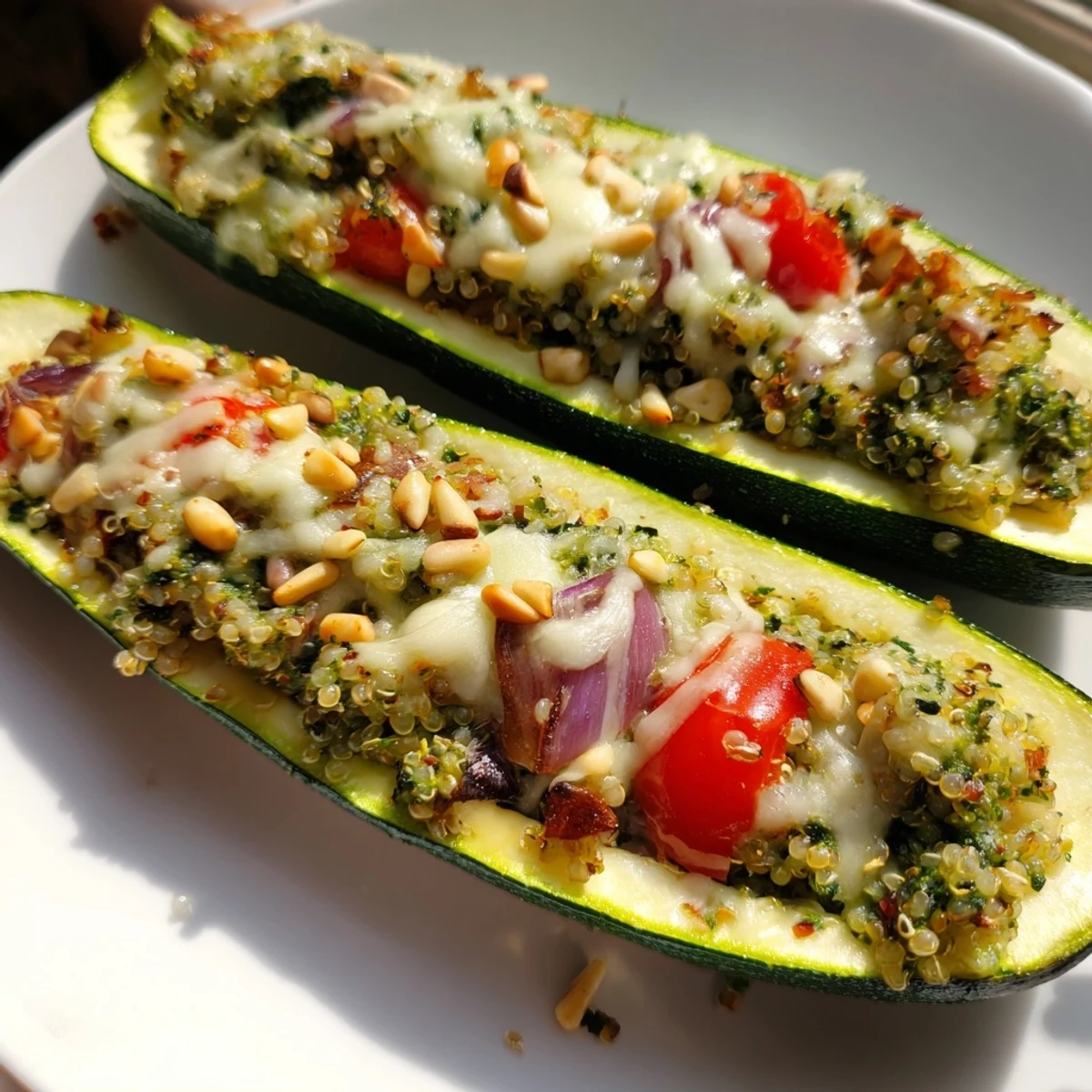 Cheesy Pesto Zucchini Boats, baked until golden, feature bubbly mozzarella and vibrant pesto filling.