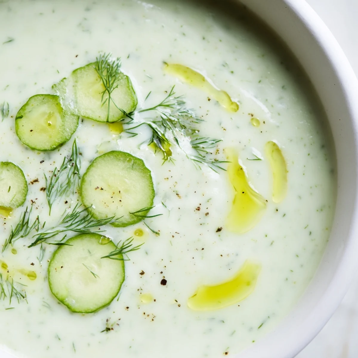 A chilled bowl of creamy Cucumber Garlic Soup, garnished with cucumber and dill.