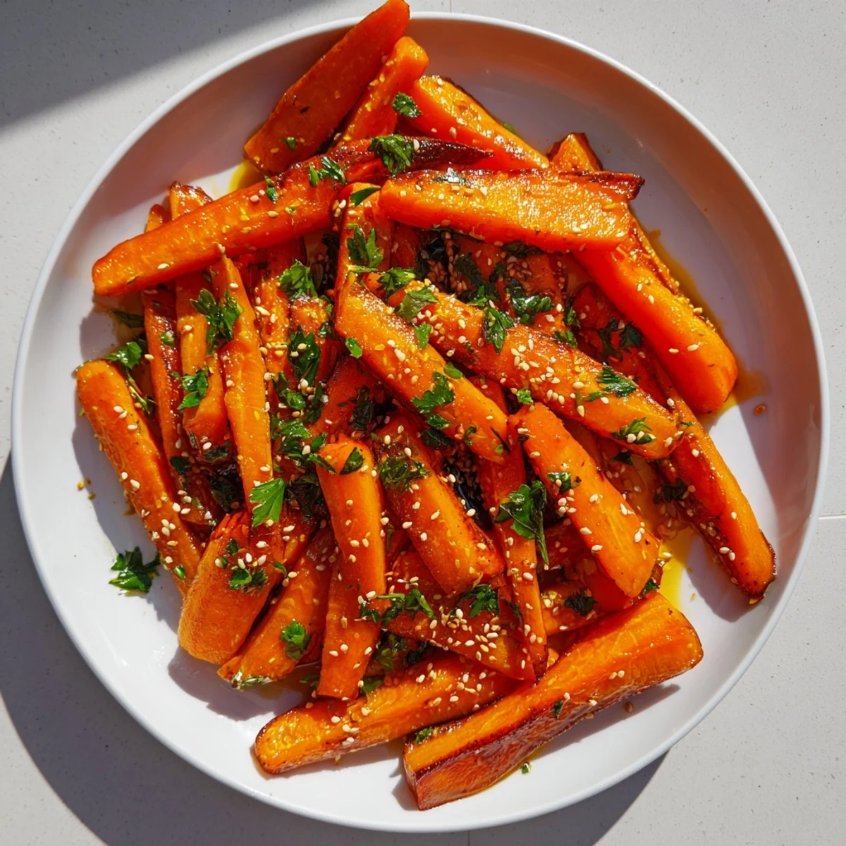 Golden, glazed Maple Mustard Roasted Carrots, tender and perfect as a flavorful side dish.