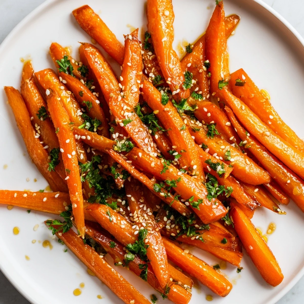 Close-up of caramelized Maple Mustard Roasted Carrots, ready to be garnished and served hot.