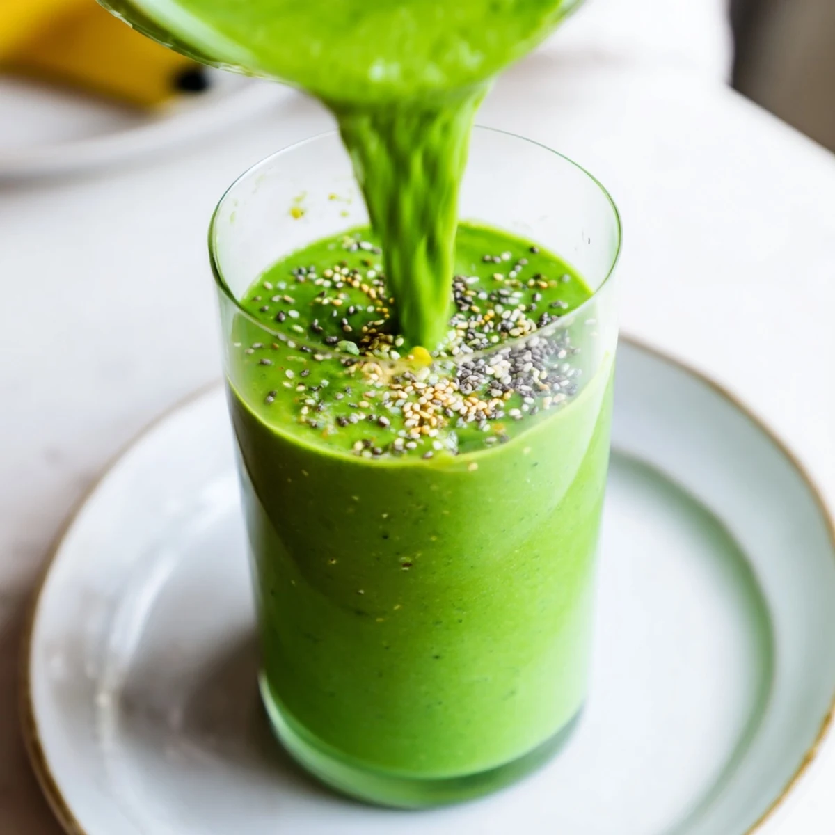 Creamy spinach avocado smoothie, a vivid green drink, perfect for a quick and healthy breakfast.