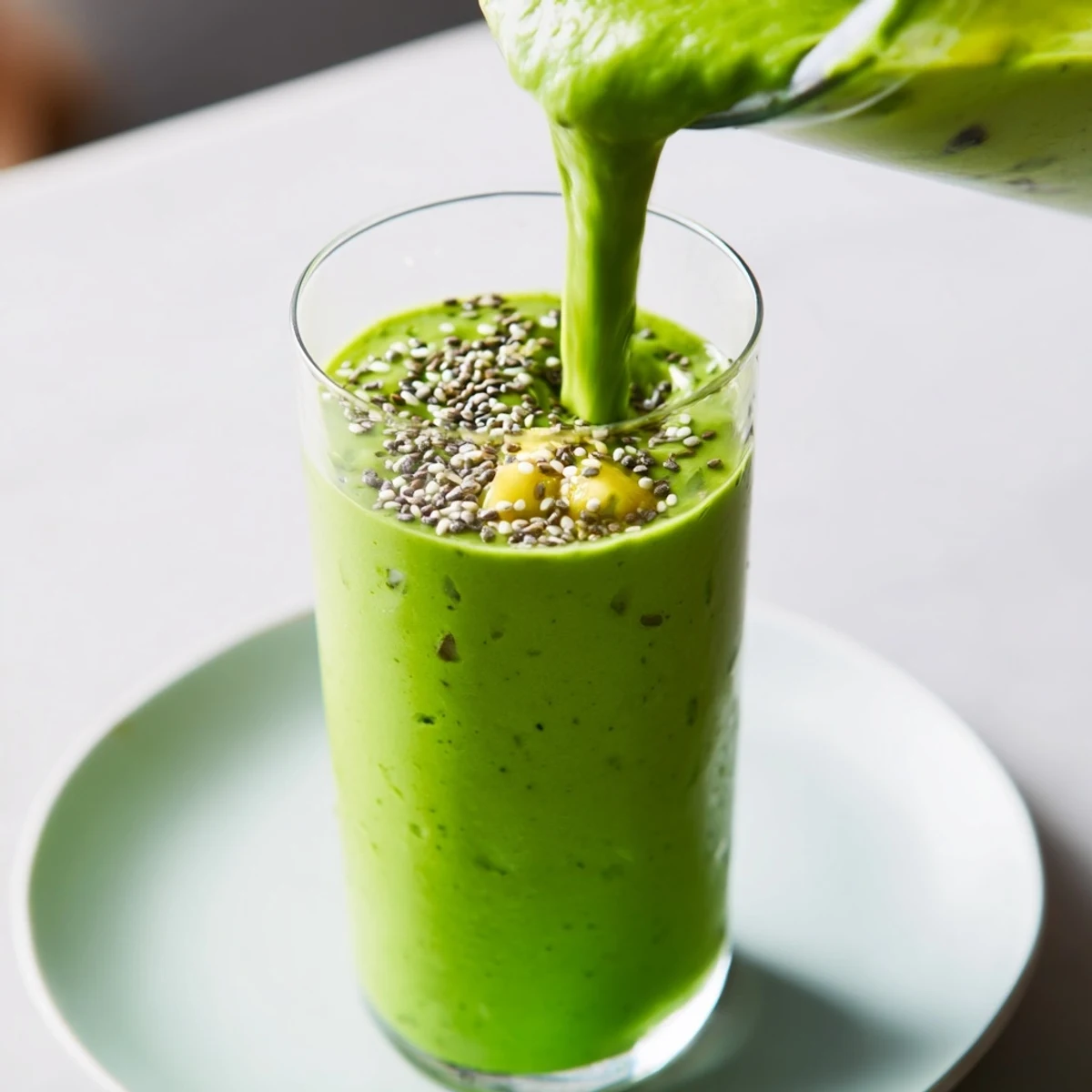 A refreshing spinach avocado smoothie, beautifully blended, hints of banana and mango visible.
