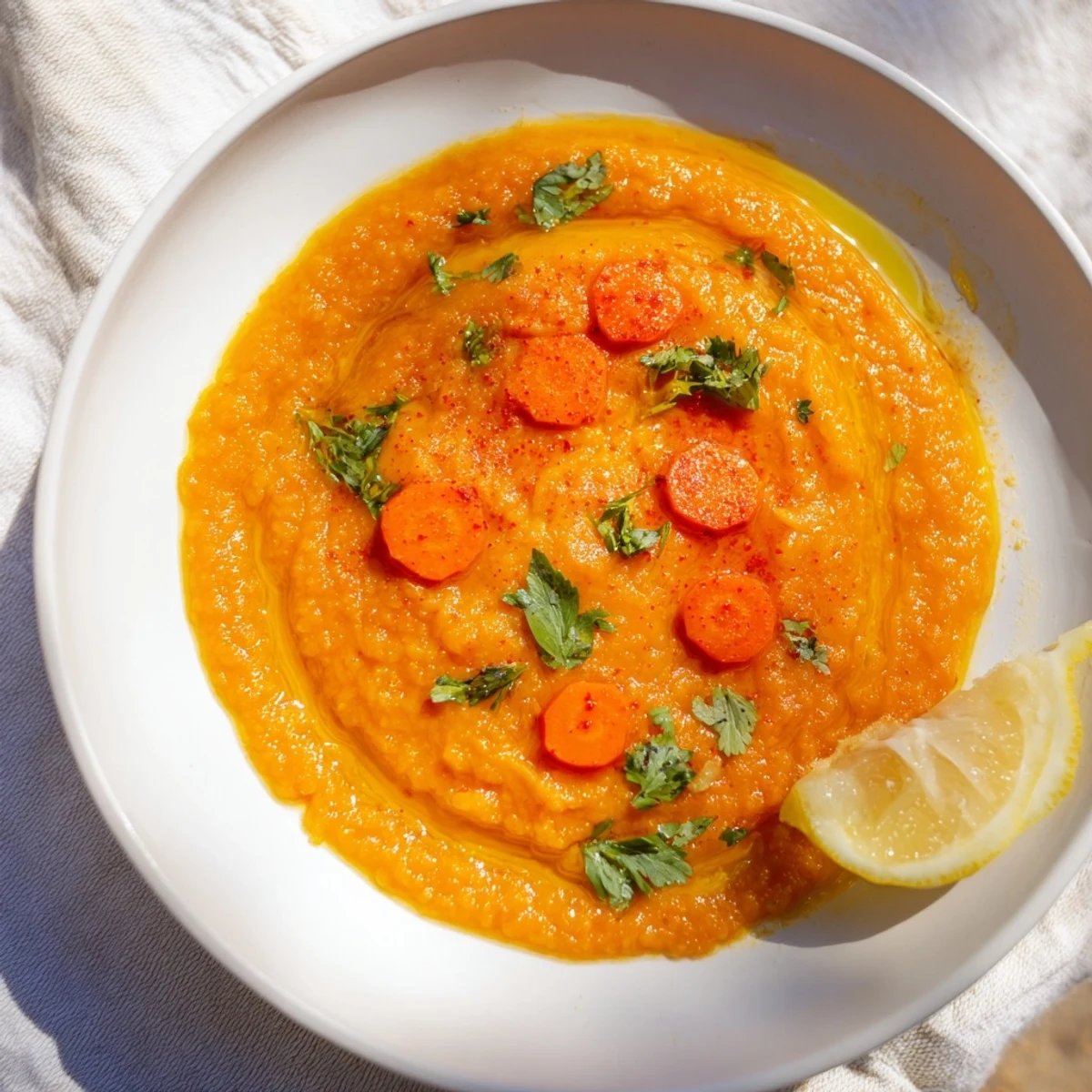 Steaming bowl of Spiced Carrot Lentil Soup, garnished with cilantro, ready to eat.