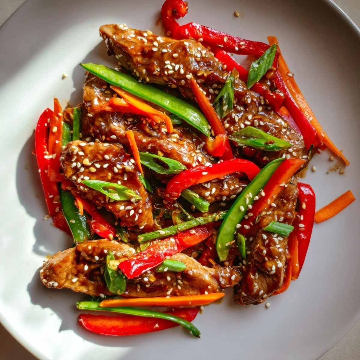 Sweet teriyaki pork stir-fry glistening with a rich glaze; served with fluffy white rice.