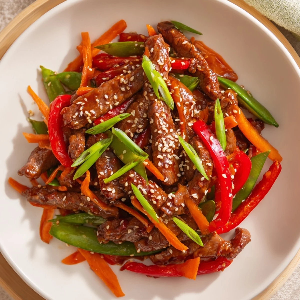 Homemade sweet teriyaki pork stir-fry showcasing tender pork and colorful, crisp vegetables.