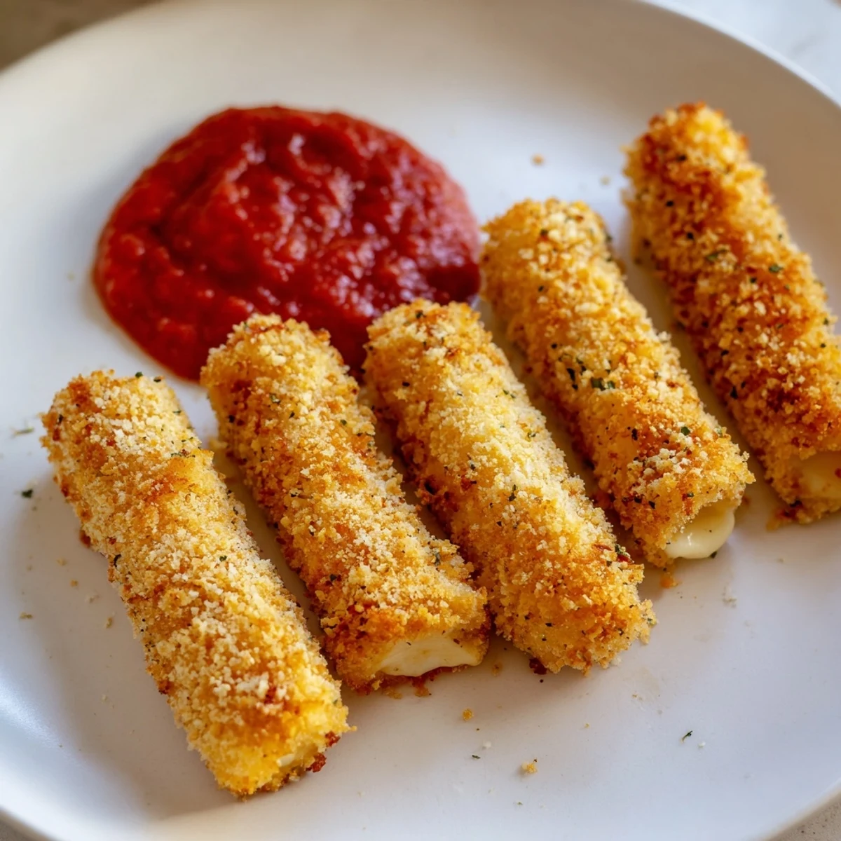 Golden air fryer mozzarella sticks, perfectly crisp, served with warm marinara for dipping.