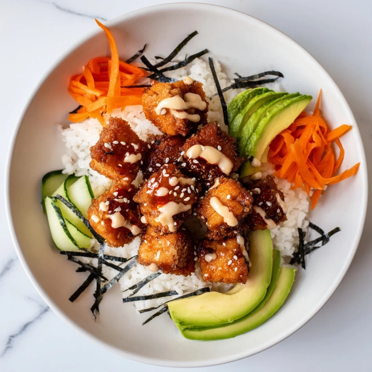 Golden-brown crispy salmon bites bowl, a colorful meal over rice with fresh, crunchy vegetables.