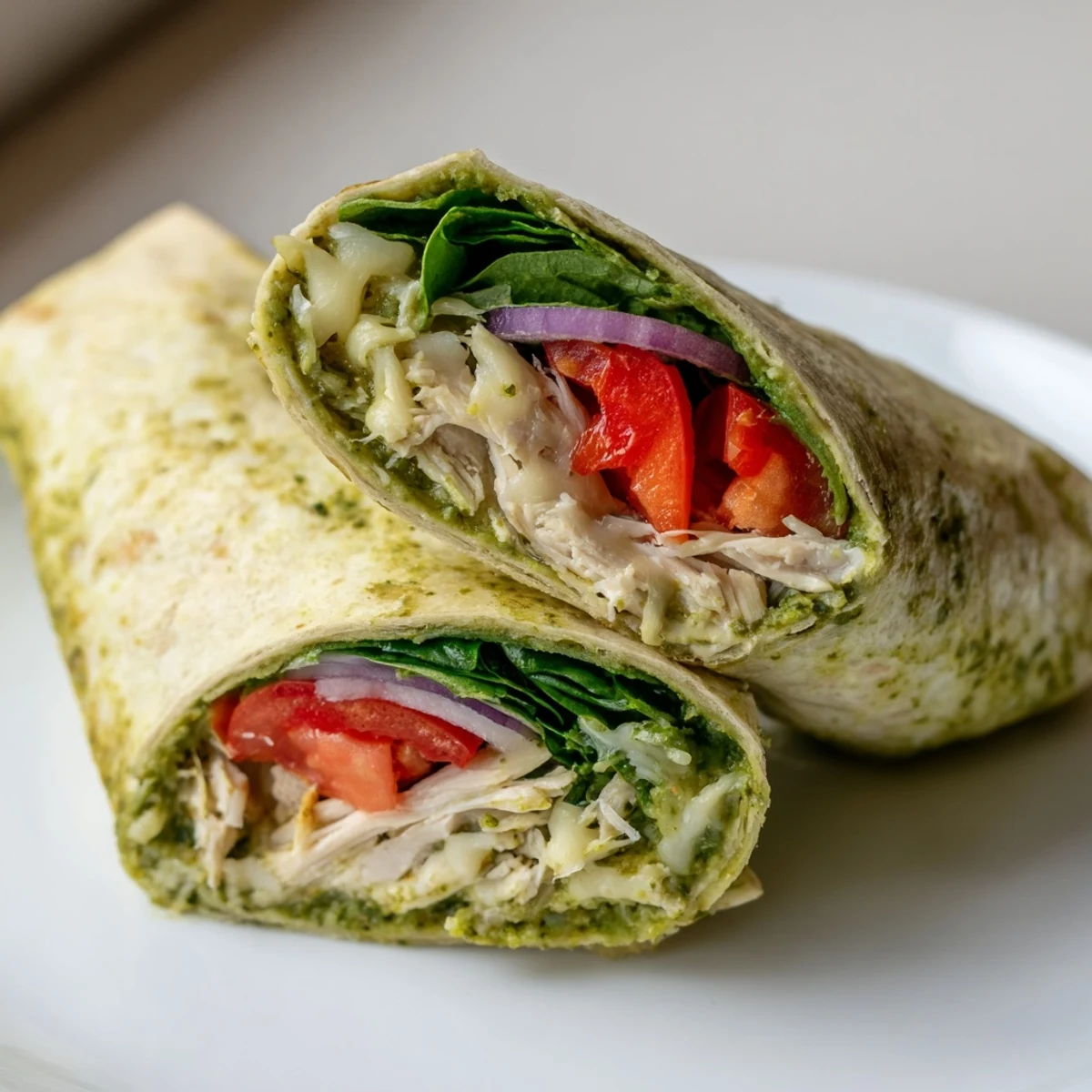 Warm, rolled-up pesto chicken wrap with visible ingredients like tomato and spinach, ready to eat.