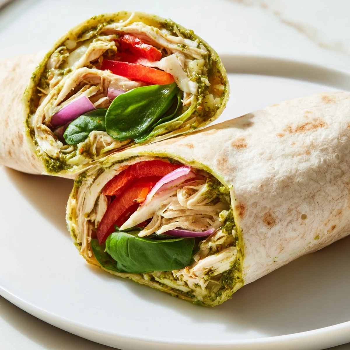 A delicious, close-up view of a freshly made pesto chicken wrap, sliced and ready to serve.