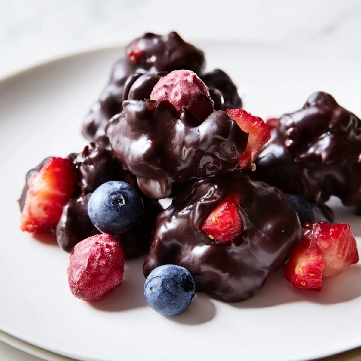 Frozen Chocolate Yogurt Clusters ready to eat; boasting dark chocolate and fresh berries.