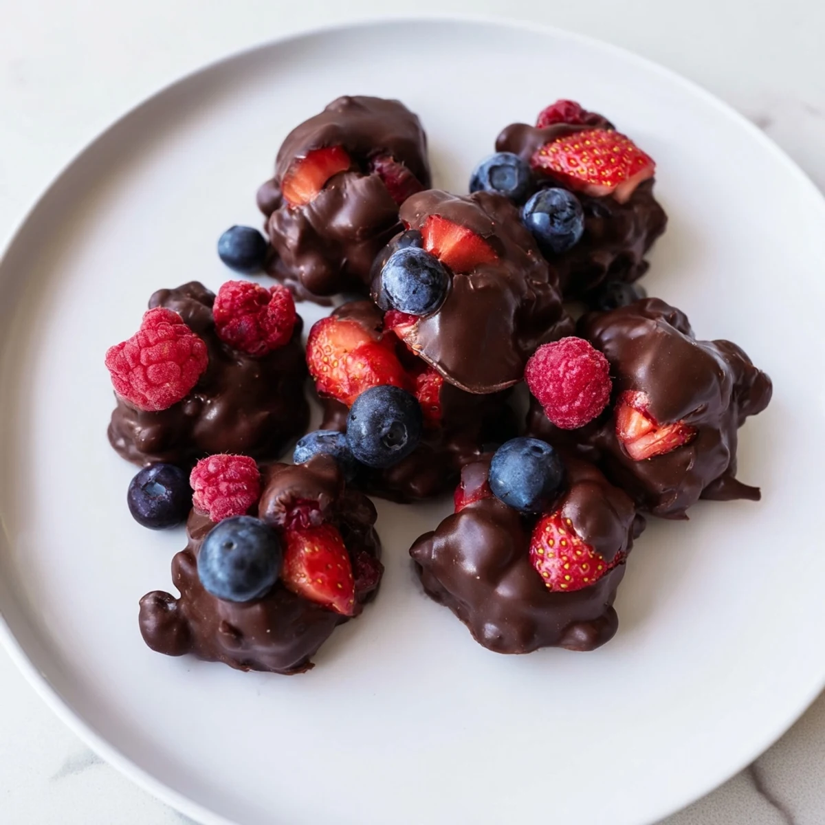 A close-up of delicious Chocolate Yogurt Clusters, coated in glossy, dark chocolate.