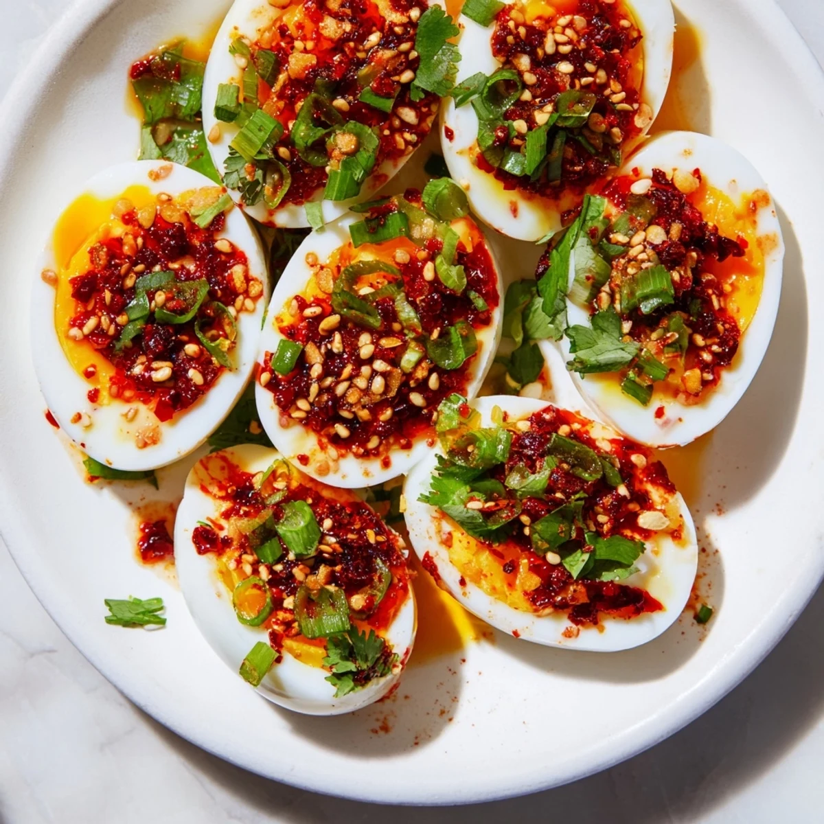 Perfectly jammy Chili Oil Eggs drizzled with vibrant, spicy chili oil for a delicious breakfast.