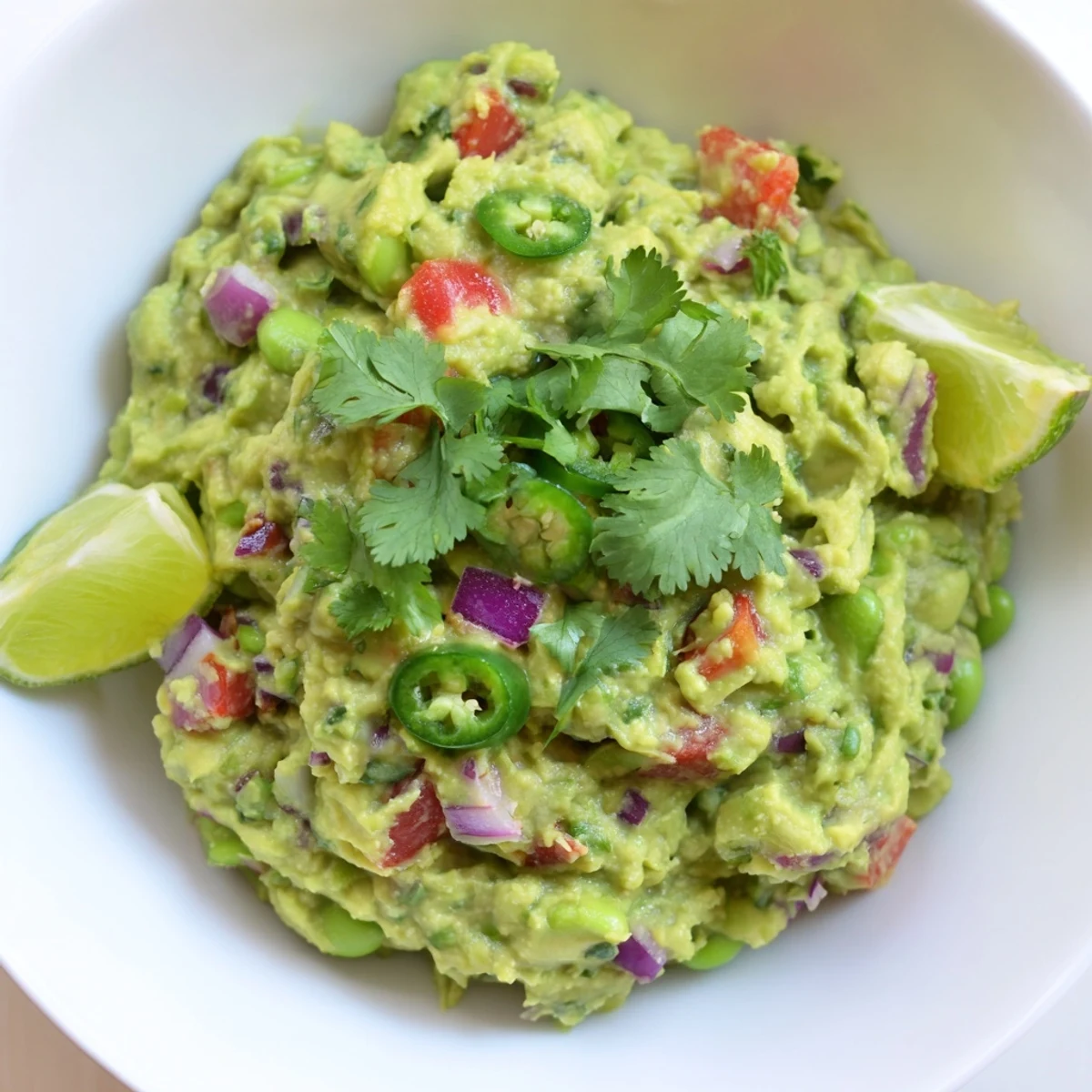Vibrant Edamame Guacamole, a creamy dip with visible chunks of tomato and cilantro.