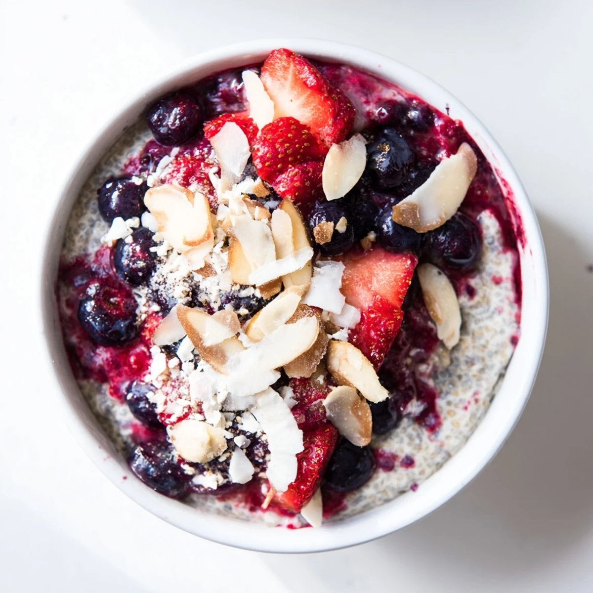A close-up of berry chia pudding: layers of creamy chia and juicy mixed berries, beautifully arranged.