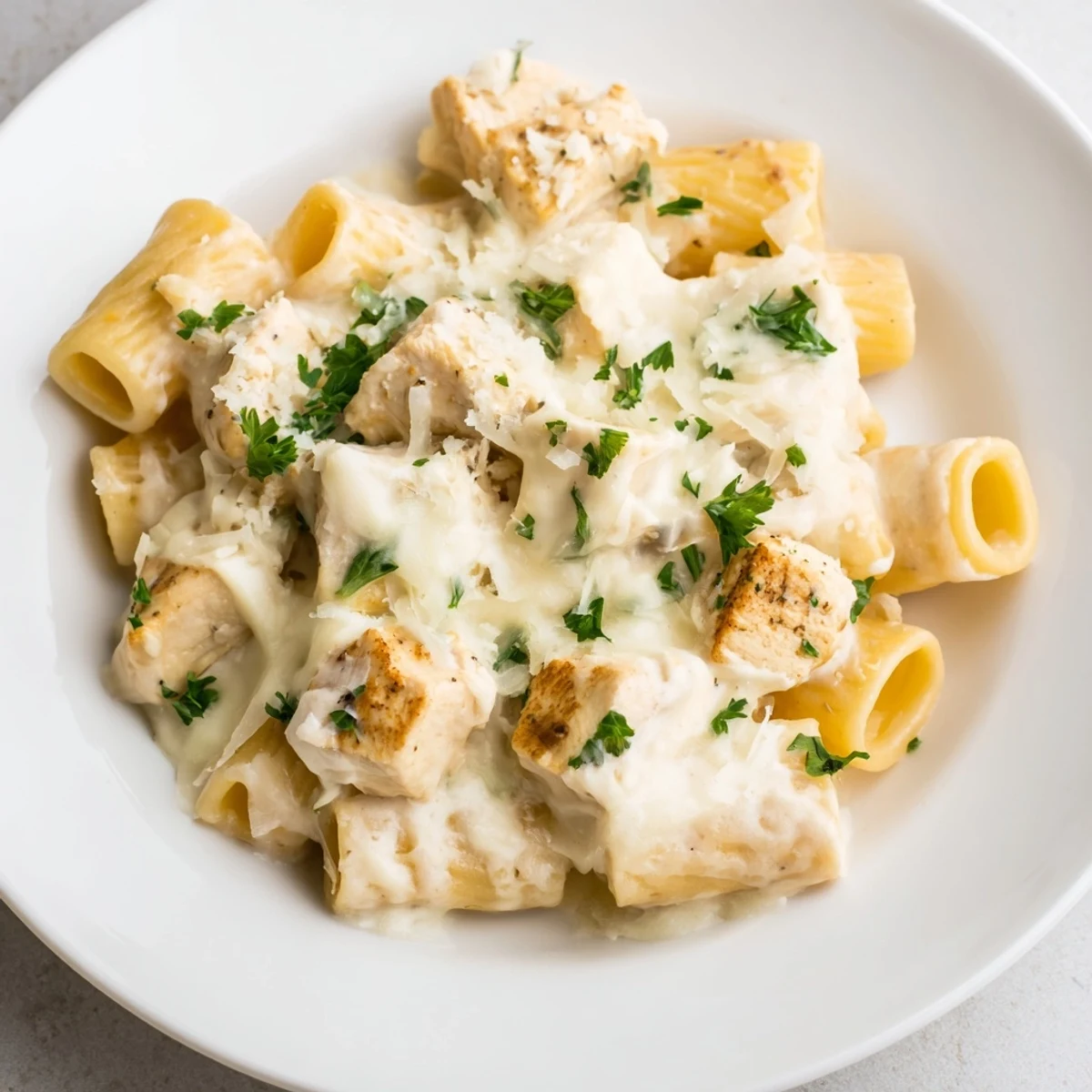 Creamy Chicken Alfredo Bake with bubbly cheese and perfectly cooked pasta for dinner.