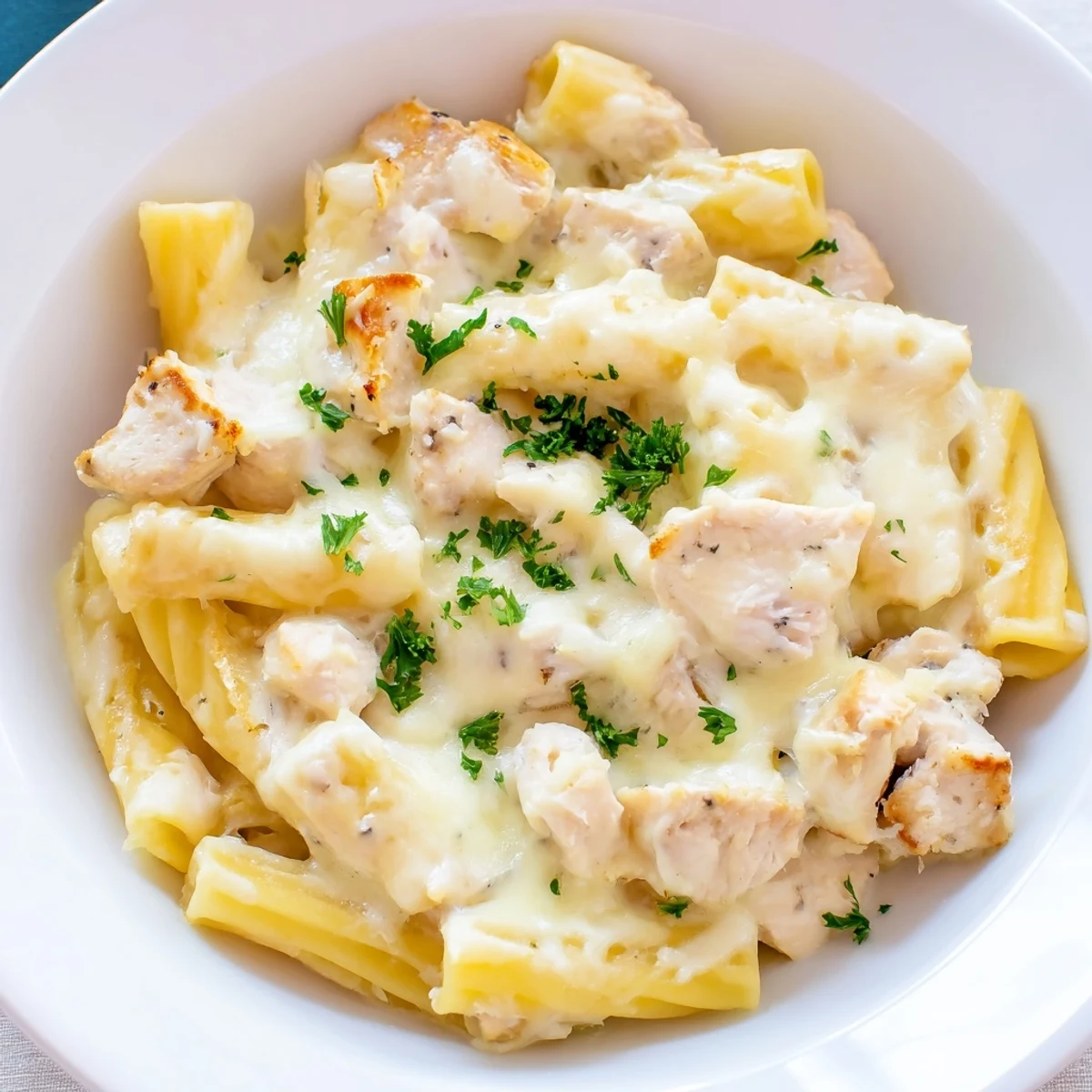 Oven-baked Chicken Alfredo Bake, bubbling hot, tempting with a rich Alfredo sauce and golden crust.