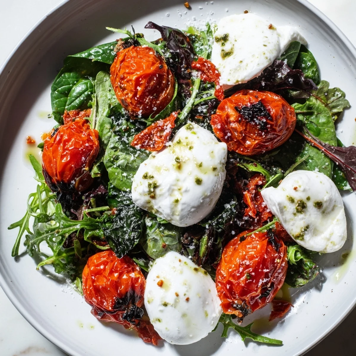 Charred Tomato Salad with Burrata: vibrant red tomatoes with creamy burrata, drizzled with basil oil.