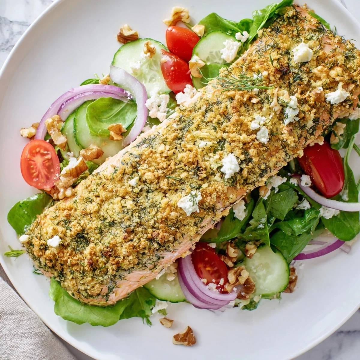 Flaky herb-crusted salmon salad with bright red tomatoes and fresh, vibrant greens in the bowl.