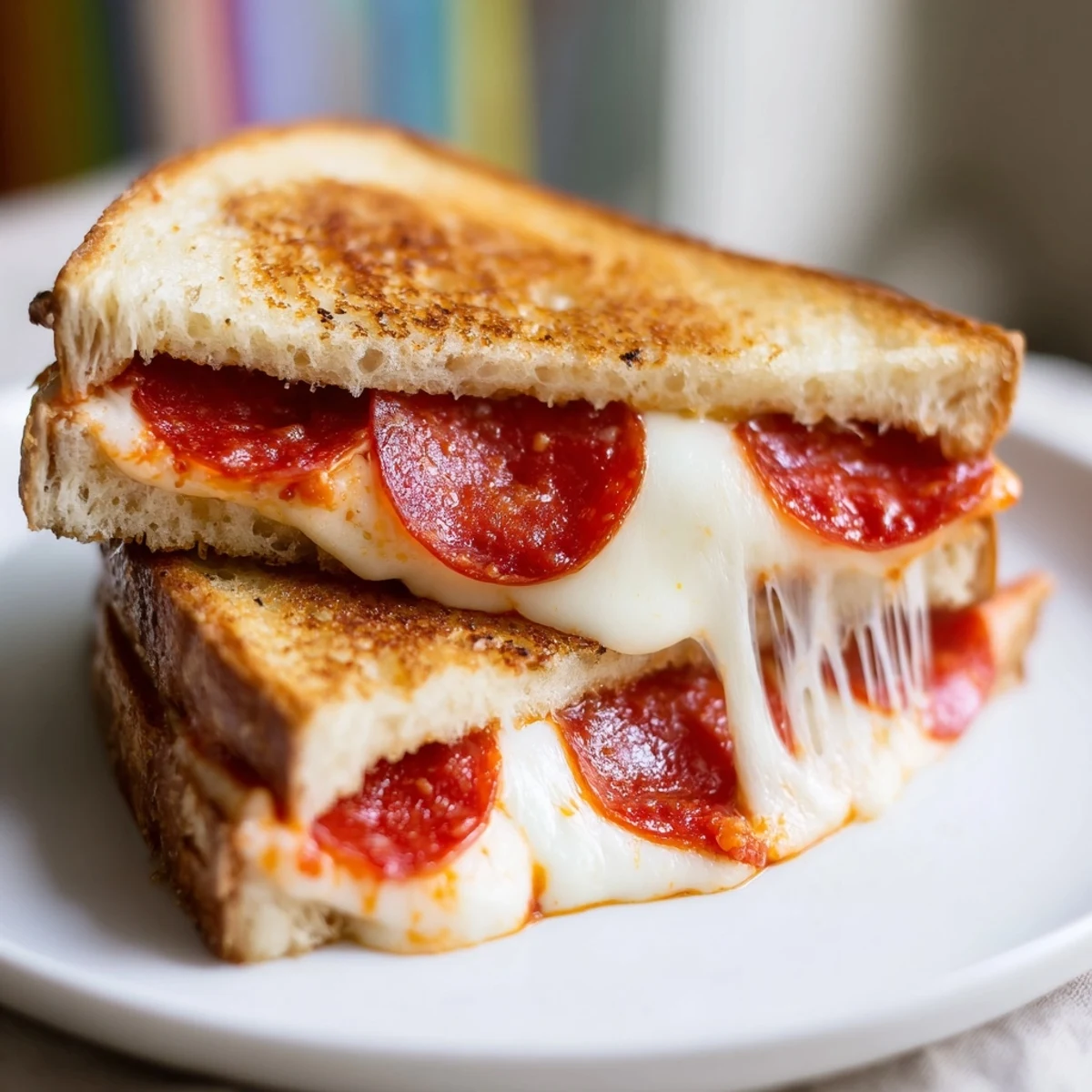 Golden-brown pizza grilled cheese oozes melted mozzarella, showcasing a perfect American comfort food sandwich.