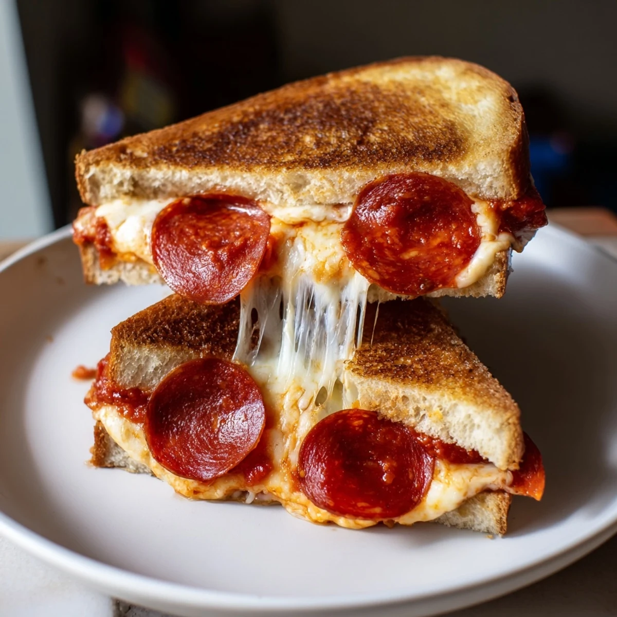 Freshly toasted pizza grilled cheese, with visible pepperoni, is served with marinara for dipping, enticing flavors.