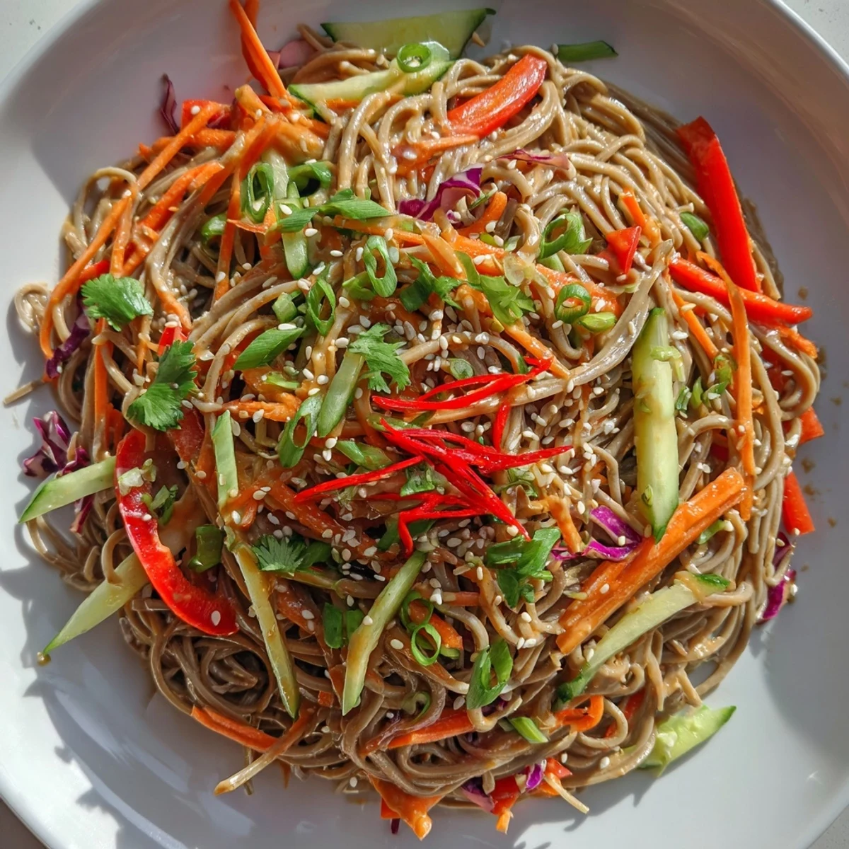 Cold soba noodle salad with vibrant vegetables and creamy peanut dressing, ready to enjoy.