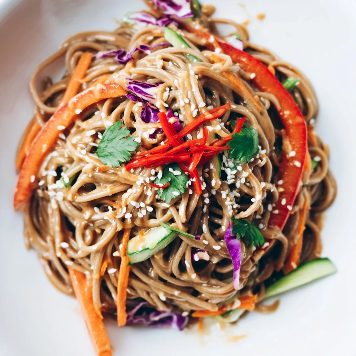 A visually appealing bowl of soba noodle salad, showcasing colorful veggies and toasted sesame seeds.
