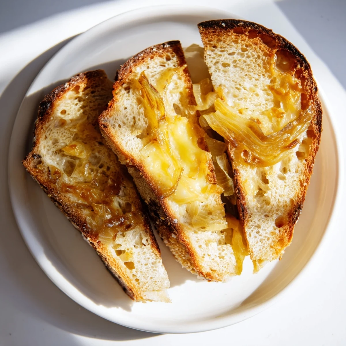 Golden Caramelized Onion and Gruyère Grilled Cheese, with melted cheese oozing between crisp, buttery bread.
