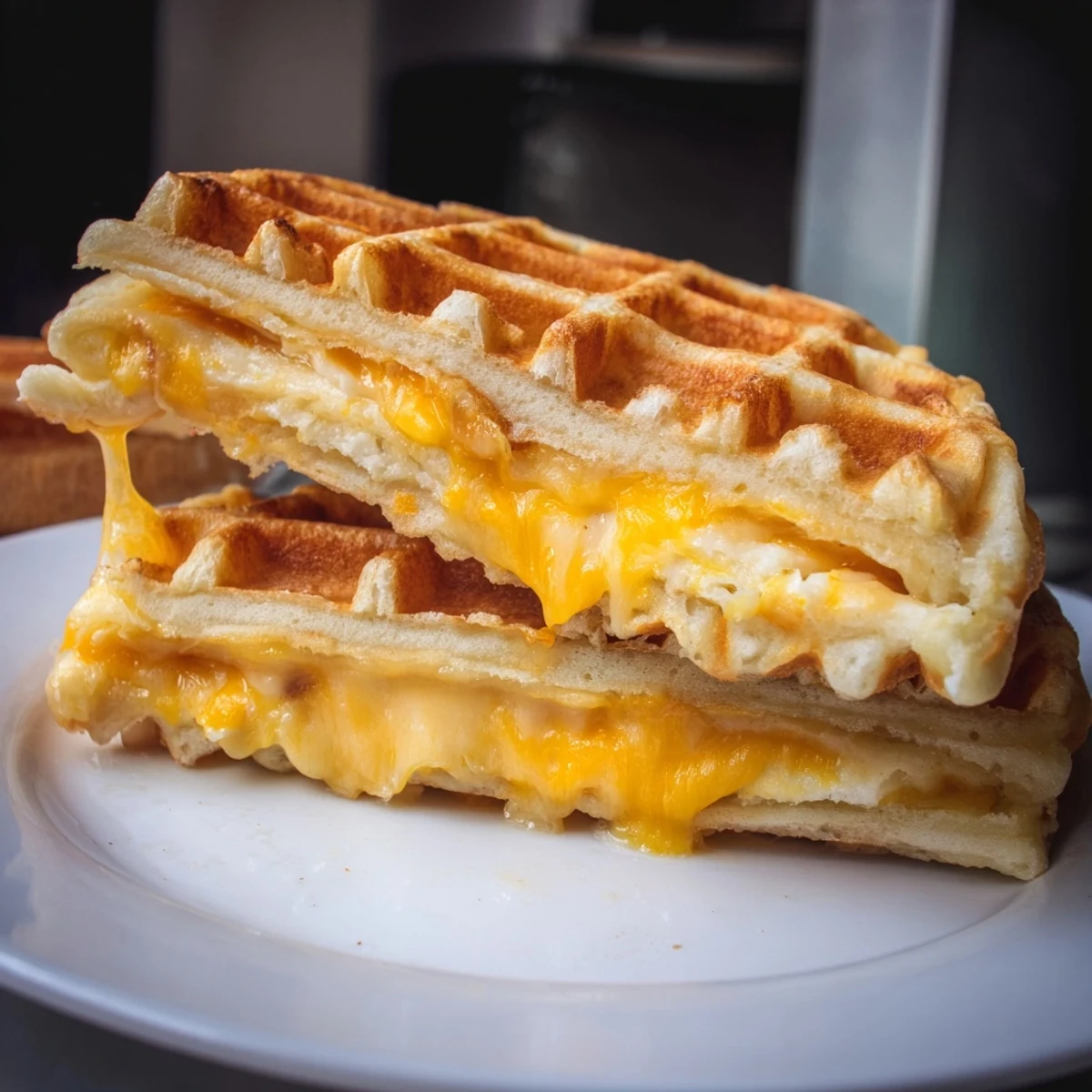 Sizzling Waffle Grilled Cheese, a unique twist on a classic, with melted cheese and toasted bread.