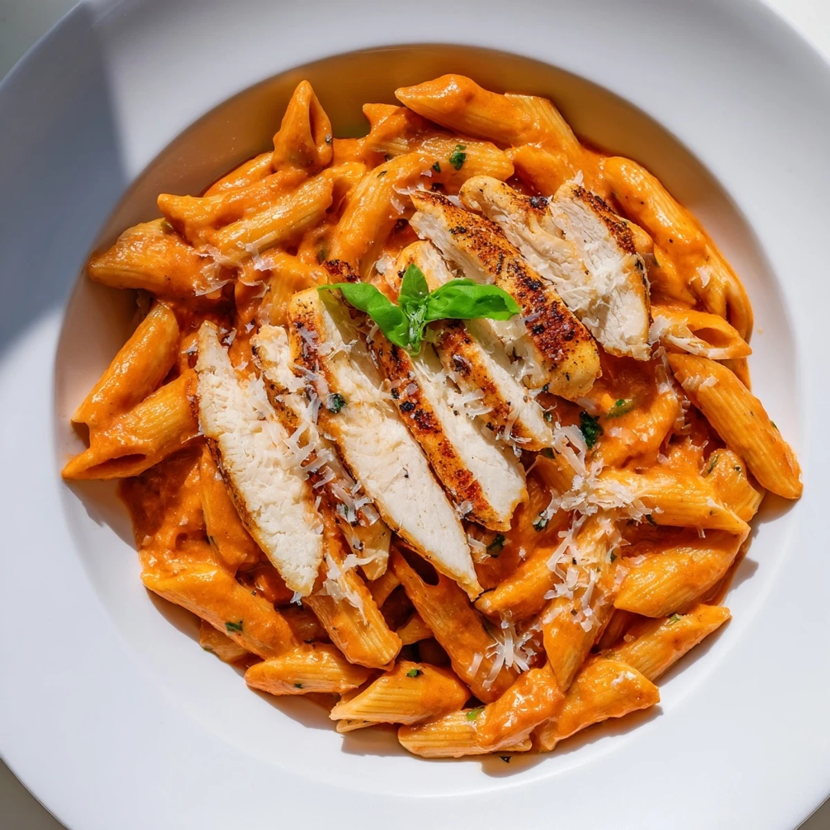 Creamy Tomato Basil Chicken Pasta in a rich, vibrant sauce, ready for a comforting Italian dinner.