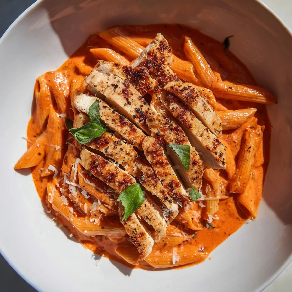 This Creamy Tomato Basil Chicken Pasta features tender chicken visible amongst the flavorful penne and basil.