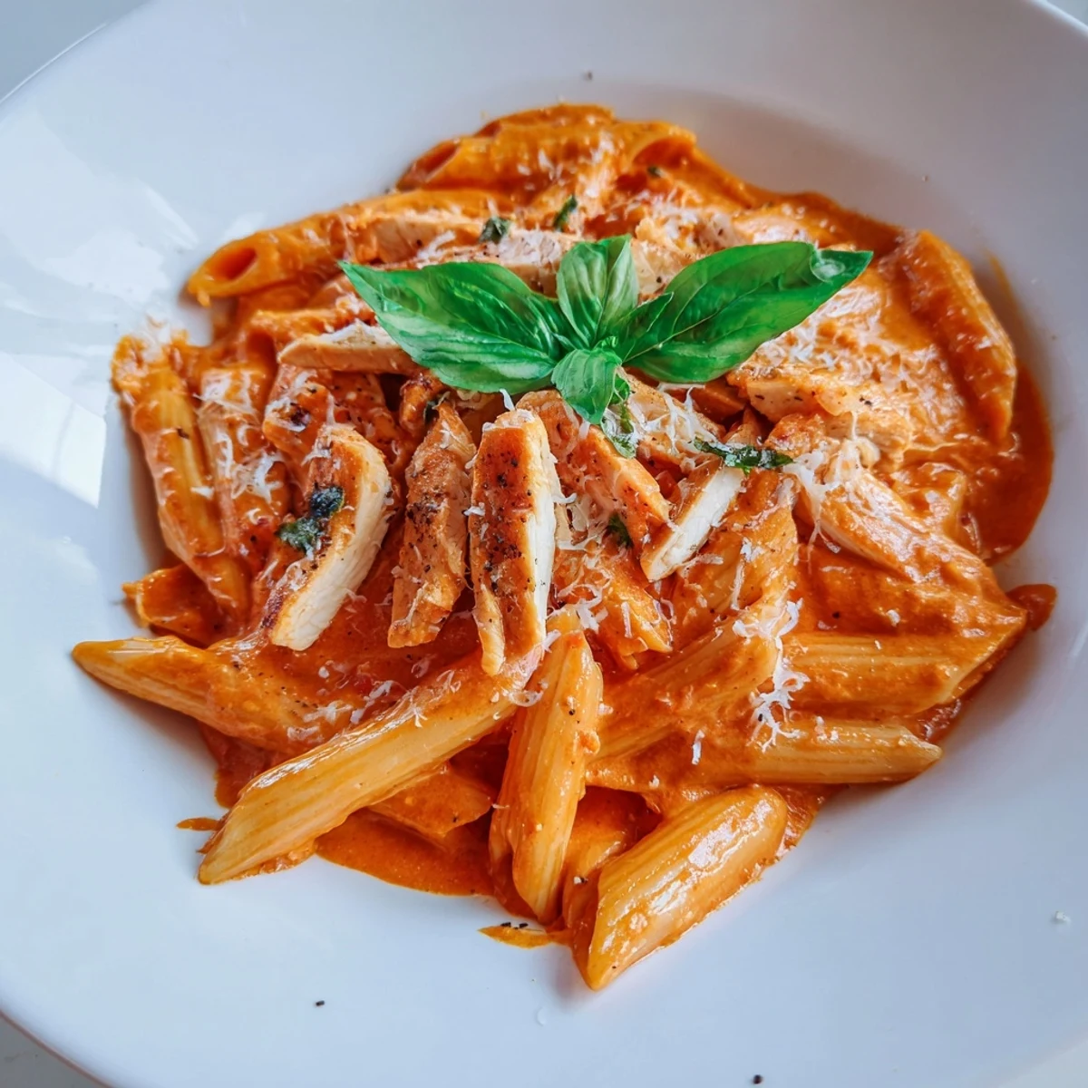 A bowl of Creamy Tomato Basil Chicken Pasta, with a creamy sauce and fresh basil garnish, looks inviting.
