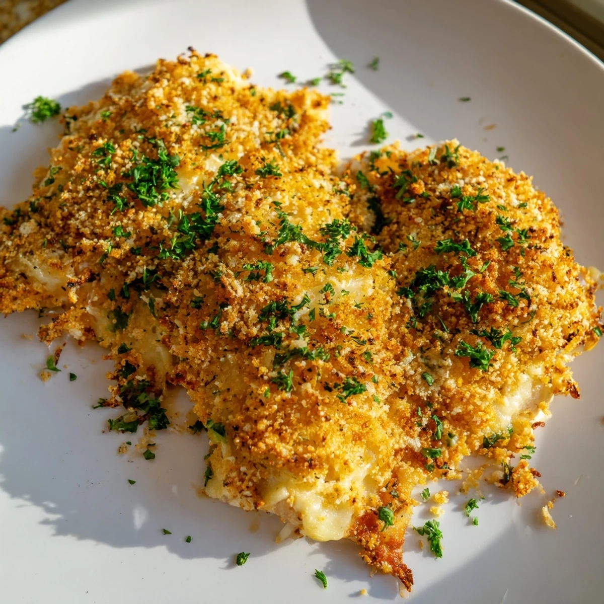 Golden-brown, bubbly Cheesy Baked Chicken Breast with melted cheese and crispy breadcrumb topping, ready to serve.
