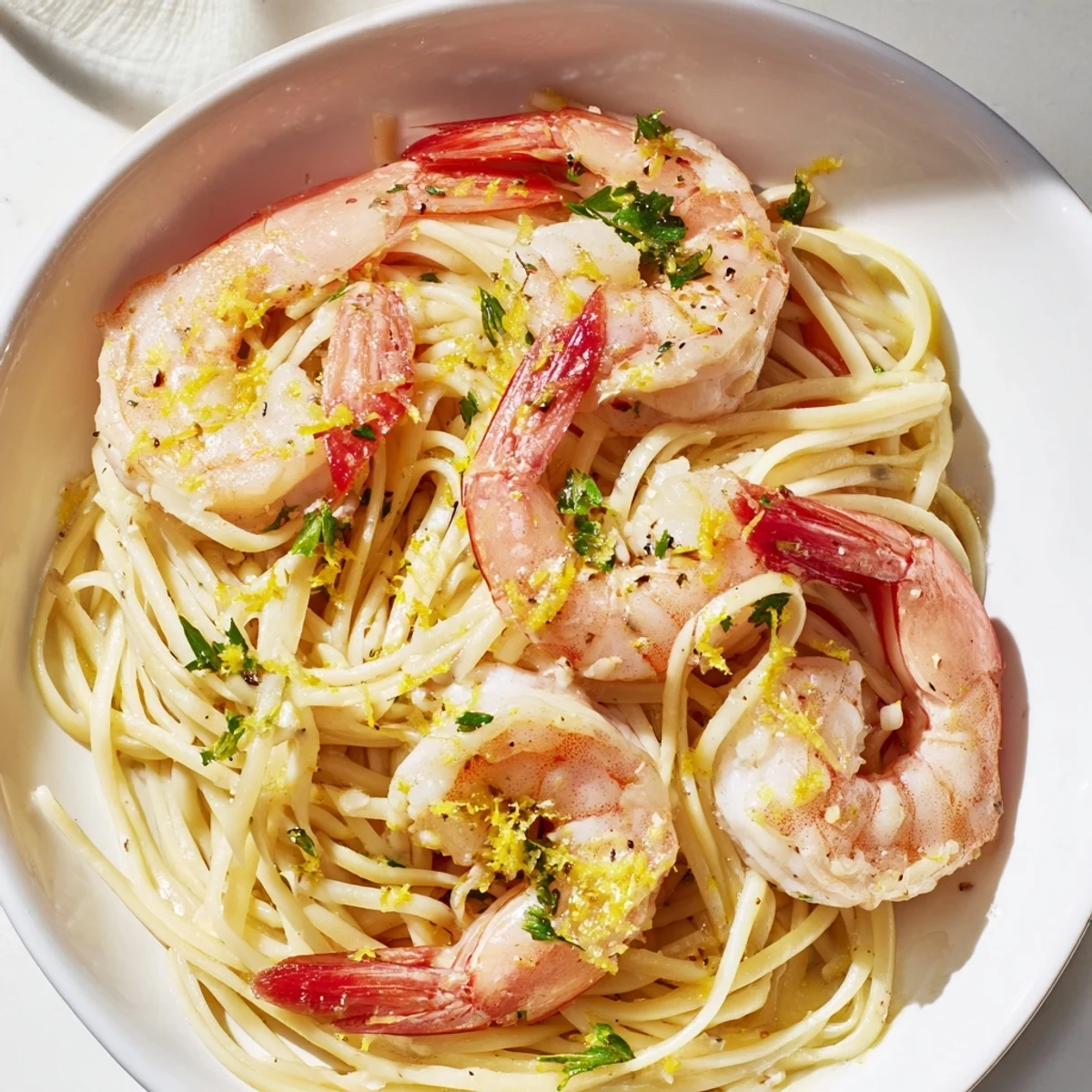 Juicy shrimp atop lemon herb pasta, a bright Italian-inspired dish bursting with flavor.
